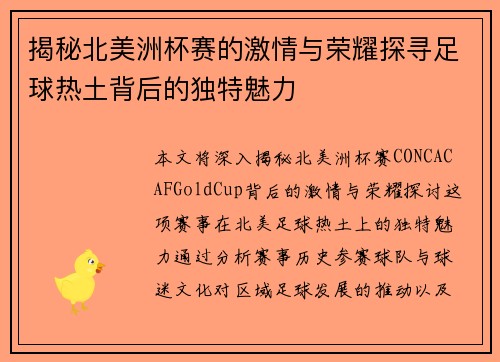 揭秘北美洲杯赛的激情与荣耀探寻足球热土背后的独特魅力